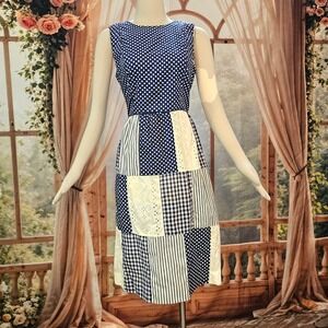 Vintage 1970s Concept 70s Swirl Wrap Dress Navy Polka Dot Patchwork Eyelet